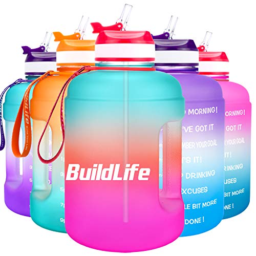 BuildLife Botella de agua motivadora de 2,2 l, con pajita y marcador de tiempo para beber diariamente, sin BPA, reutilizable, para gimnasio, deportes al aire libre (verde/rosa, 2,2 L)