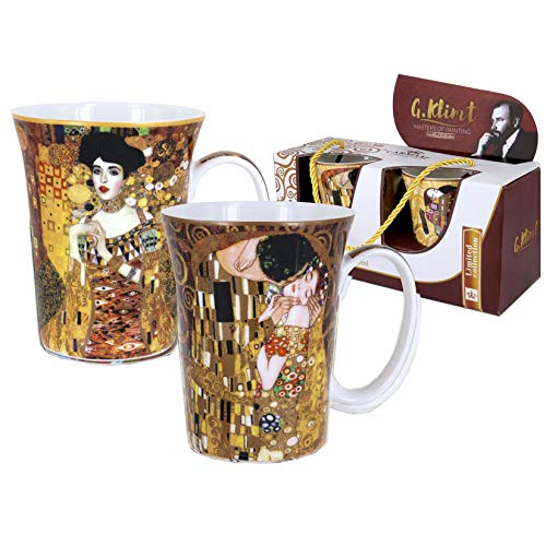 Carmani - Taza de porcelana conjunto de 2 decorada con 'El Beso' y 'Adele' de Gustav Klimt 300ml