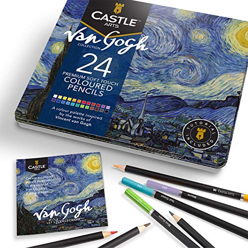 Castle Arts 24 lápices de colores en un estuche de metal, inspirado en Van Gogh. Perfecto para dibujar, hacer bocetos, colorear. Con núcleos blandos, mezcla superior y juego de capas