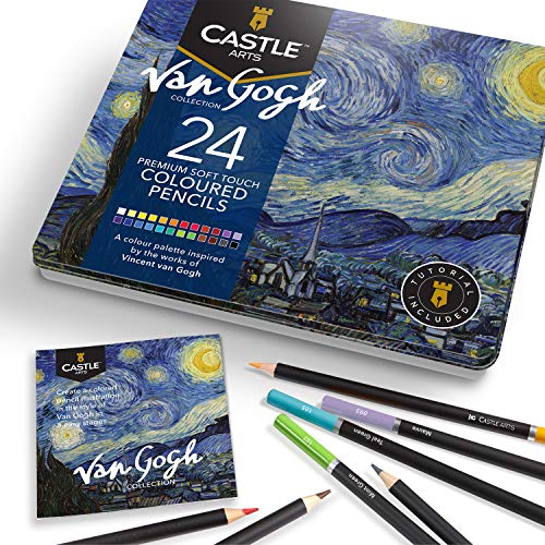 Castle Arts 24 lápices de colores en un estuche de metal, inspirado en Van Gogh. Perfecto para dibujar, hacer bocetos, colorear. Con núcleos blandos, mezcla superior y juego de capas Castle Arts 24 lápices de colores en un estuche de metal, inspirado en Van Gogh. Perfecto para dibujar, hacer bocetos, colorear. Con núcleos blandos, mezcla superior y juego de capas