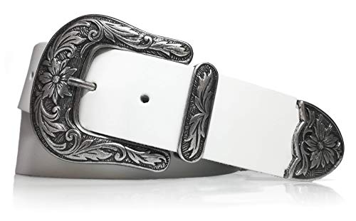 Cinturón Mujer Cowboy - Piel legitima - Moda Vintage - 4 cm de ancho - Retro - 40mm - Western (Blanco, 90)
