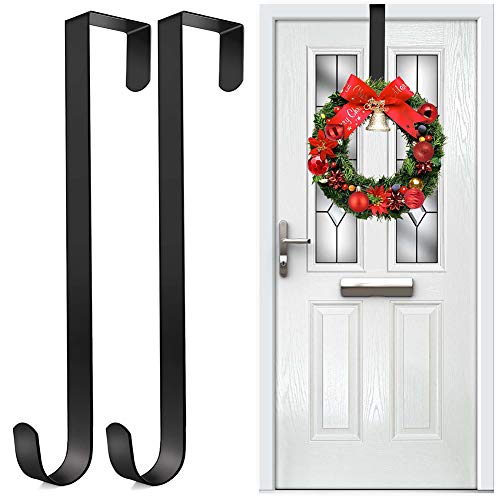 Colgador de corona para decoración de puerta de Navidad, paquete de 2 perchas de metal negro 38 cm para puerta delantera, ganchos para colgar adornos, guirnaldas decoraciones de Navidad Halloween