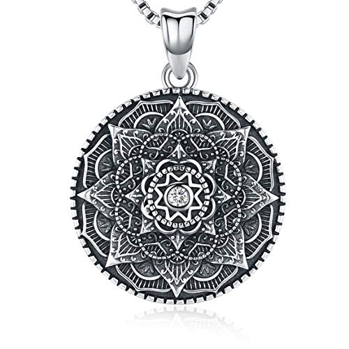 Collar Mandala de plata esterlina, collar colgante de la flor de la vida, regalo para mujer, colgante 3D Mandala negro floreciente, cadena de 18", joyería vintage con collar vikingo