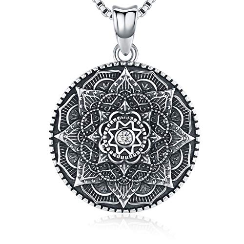 Collar Mandala de plata esterlina, collar colgante de la flor de la vida, regalo para mujer, colgante 3D Mandala negro floreciente, cadena de 18", joyería vintage con collar vikingo Collar Mandala de plata esterlina, collar colgante de la flor de la vida, regalo para mujer, colgante 3D Mandala negro floreciente, cadena de 18", joyería vintage con collar vikingo