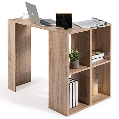 COSTWAY Escritorio en Forma de L con Estantería Mesa de Computadora de Esquina con Marco de Madera Estante de Oficina Hogar Mesa de Trabajo