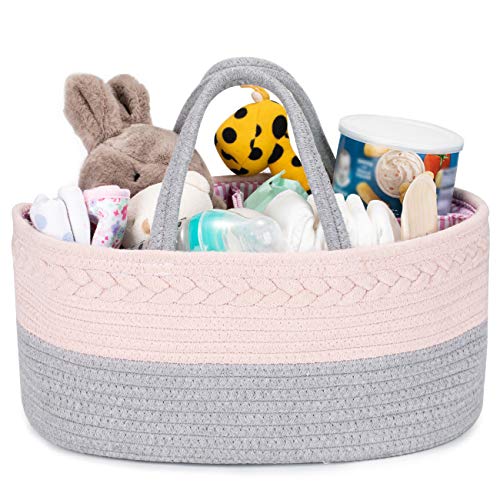 COSYLAND Organizador de Pañales para Bebé Multifuncional, Cesta de Almacenamiento de Pañales de Gran Capacidad con Compartimentos Extraíbles, Regalo Ideal de Viaje para Bebés Recién Nacidos, Gris+Rosa