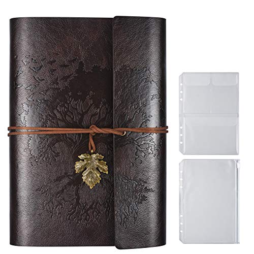 Cuaderno de piel sintética, páginas en blanco, rellenable, vintage, cuaderno de bocetos de viaje, diario de viaje, regalo para niñas, niños, mujeres, hombres, 23.5 x 15.5 cm, marrón oscuro