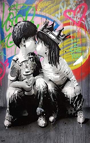 Cuadros de arte de pared Graffiti Niño y niña besos Arte de pared Lienzos Carteles e impresiones Pinturas de arte callejero de besos en la pared Cuadros Decoración del hogar 60x90cm (24x36 pulgadas）