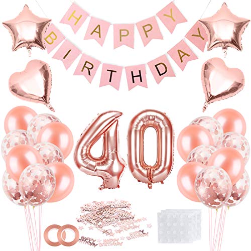 Cumpleaños Globos 40, Decoración de cumpleaños 40 en Oro Rosa, Feliz cumpleaños Decoración Globos 40 Años, 40 Globos de Confeti y Globos de Aluminio para niñas y Mujeres