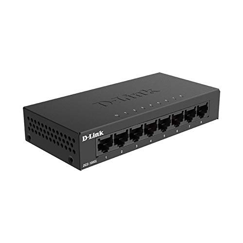 D-Link DGS-108GL Switch Gigabit 8 Puertos, sin gestión, 1000 megas por Puerto, Ethernet LAN, RJ-45, Plug&Play, Perfil bajo, metálico, conmutador, hub, sobremesa, sin Ventiladores, 802.3az EEE, Negro