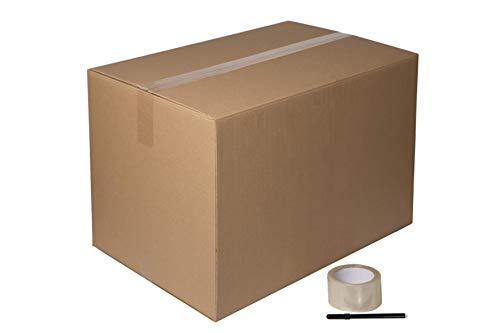 DeCampos - 5 Cajas Carton Mudanza Grandes 60x40x40 cm + Precinto + Marcador | Caja Almacenaje Grande de 92 L | Caja Carton Kraft Canal Doble Resistente | 5 Unidades + Precinto + Marcador