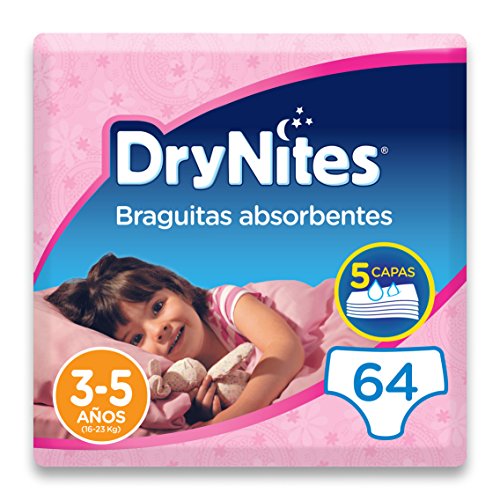 DryNites - Braguitas absorbentes para niña - 3 - 5 años (16-23 kg), 4 paquetes x 16 uds (64 unidades)