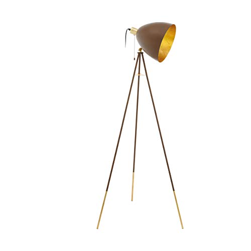 EGLO Chester 1 - Lámpara de pie con trípode, 1 lámpara de pie vintage, de acero, color óxido, dorado, casquillo E27, incluye interruptor de cordón