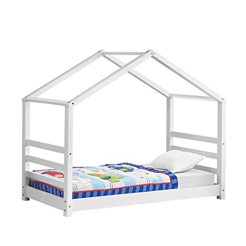 [en.casa] Cama para niños de Pino 80 x 160 cm Cama Infantil Forma de casa en Color Blanco Mate