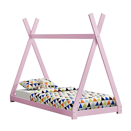 [en.casa] Cama para niños pequeños - Cama Infantil 200x90cm Estructura Tipi de Madera Pino Color Rosa