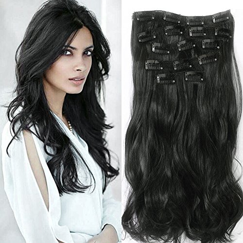 Extensiones de cabello Natural de 56 cm Neverland cabeza clip en extensiones largo(pelo ondulado, 7 piezas), color negro