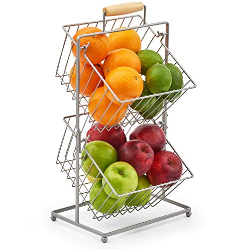 EZOWare Frutero de 2 Cestas, Organizador de Encimeras Metal Decorativo para Frutas, Verduras, Bocadillos, Artículos para el Hogar - Plata
