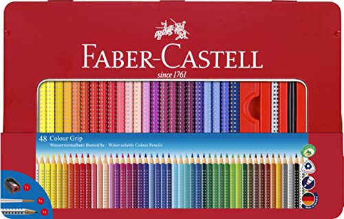 Faber-Castell 112448 - Estuche de metal con 48 ecolápices de color Grip, lápiz de grafito Grip 2001, pincel y afilalápices, multicolor