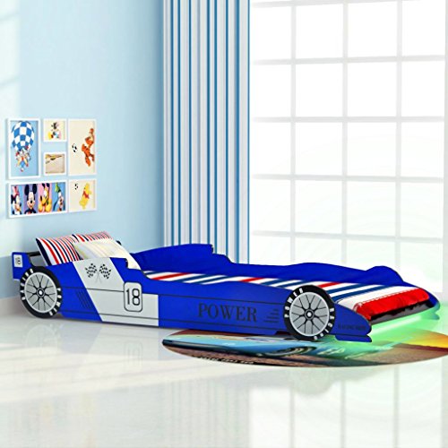 Festnight Cama Infantil con Forma de Coche Carreras y LED Color de Azul Material de Madera, 225x94x38 cm