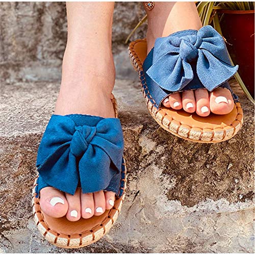 Flnfdsm Zapatillas de Mujer Sandalias con Plataforma Zapatos de Playa Casuales de Verano Zapatos Planos con Punta Abierta Chanclas con Lazo Antideslizantes,Azul,35