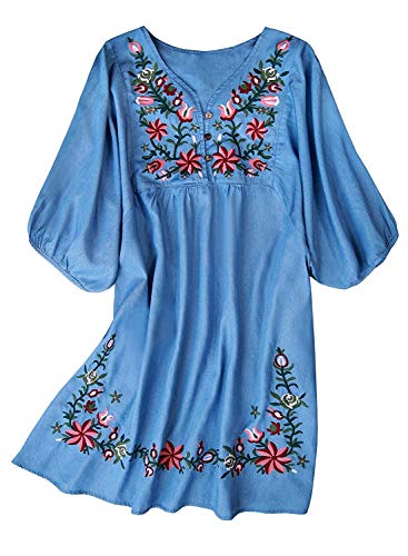 FUTURINO - Vestido camisero recto para mujer, túnica de estilo bohemio con bordado floral, minivestido con vuelo Azul azul vaquero Small
