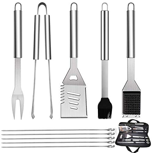 GQC Juego de 10 herramientas para barbacoa de acero inoxidable con bolsa de transporte, espátula, pinzas y tenedor, accesorios para barbacoa, cocina al aire libre, camping GQC Juego de 10 herramientas para barbacoa de acero inoxidable con bolsa de transporte, espátula, pinzas y tenedor, accesorios para barbacoa, cocina al aire libre, camping