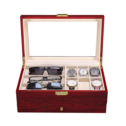 GQSHK Caja de Reloj para Hombre Organizador de exhibición de Reloj de Lujo 2 Capas Caja de Almacenamiento de Gemelos de joyería con cajón 6 Cojines extraíbles y Tapa de Vidrio, Rojo