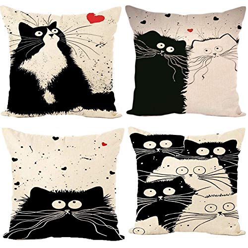 Gspirit 4 Pack Gato Algodón Lino Decorativo Throw Pillow Case Funda de Almohada para Cojín 45x45 cm