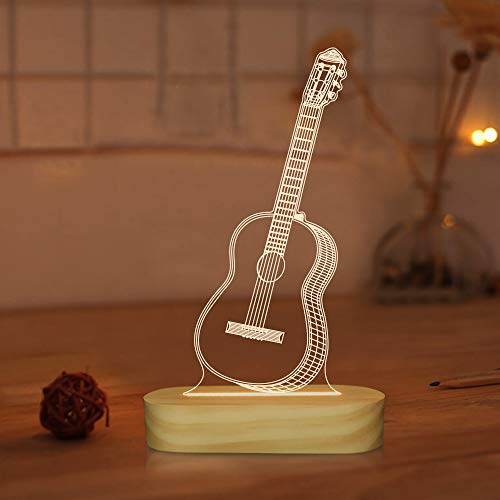 Guitarra 3D Illusion Optical Night Light LED Lámpara de mesita de noche para niños Hombres Him Músico Amante Regalos de vacaciones, Color blanco cálido