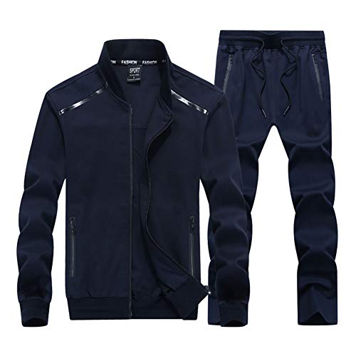 GuoCu Chándales de entrenamiento de gimnasio para Hombres 2 unidades de chándal con cordón chaqueta Sudadera con cuello alto Tops y Pantalones de jogging Trajes Deportivos Azul oscuro XL