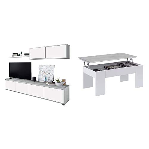 Habitdesign 016663L Mueble de salón Moderno, modulos Comedor Alida, Medidas: 43 cm de Altura x 200 cm de Ancho x 41 cm de Fondo (Blanco Artik y Gris Cemento) + Mesa de Centro Elevable Habitdesign 016663L Mueble de salón Moderno, modulos Comedor Alida, Medidas: 43 cm de Altura x 200 cm de Ancho x 41 cm de Fondo (Blanco Artik y Gris Cemento) + Mesa de Centro Elevable