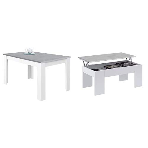 Habitdesign Mesa de Comedor Extensible, Mesa salón o Cocina, Acabado en Color Blanco Artik y Gris Cemento, Modelo Kendra + Mesa de Centro Elevable Habitdesign Mesa de Comedor Extensible, Mesa salón o Cocina, Acabado en Color Blanco Artik y Gris Cemento, Modelo Kendra + Mesa de Centro Elevable