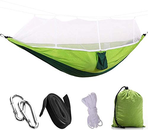 Hamaca para 2 personas, carga de 200 kg, de iToncs, de secado rápido, ultraligera, para interiores y exteriores, con mosquitera, 260 x 140 cm, para camping, hamaca, con suspensión (verde manzana)