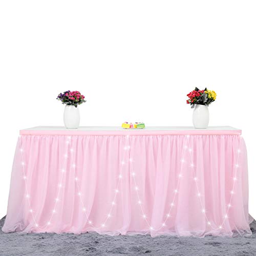 HBBMAGIC Faldón de mesa LED de tul rosa Tü falda de mesa para fiestas, decoración para bodas, cumpleaños, Candy Bar, Navidad (rosa LED, 183 cm x 76 cm)
