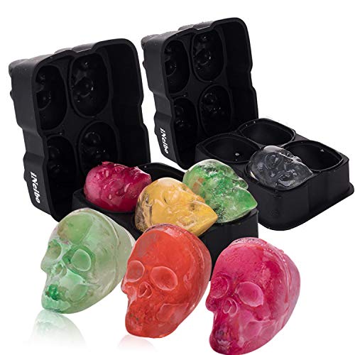 iNeibo cubiteras de hielo grandes de silicona con tapas para enfriar las bebidas whisky cócteles y coñac,silicona de grado alimenticio libre de BPA,3D calavera para fiesta Halloween,2 piezas