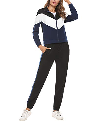 Irevial Chandal Mujer Completo Algodon,Suave chándal Deportivo Mujer Conjunto,cómodos Sudadera con Cremallera y Pantalones 2 Pieza，Azul，XL