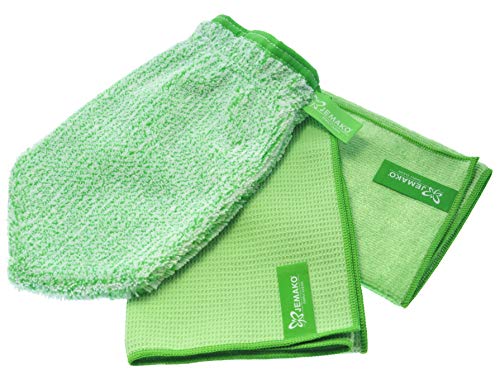 Jemako Juego de 3 guantes de limpieza para ventanas (45 x 60 cm), paño profesional (40 x 45 cm), incluye red de lavado Sinland (verde)