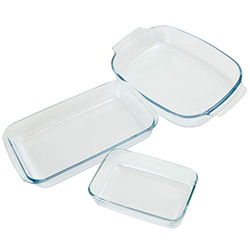 Juego de 3 platos de cocina de horno de vidrio | Bandejas rectangulares para rostizar y hornear | Nevera y congelador | Resistente, duradero y fácil de limpiar | M&W