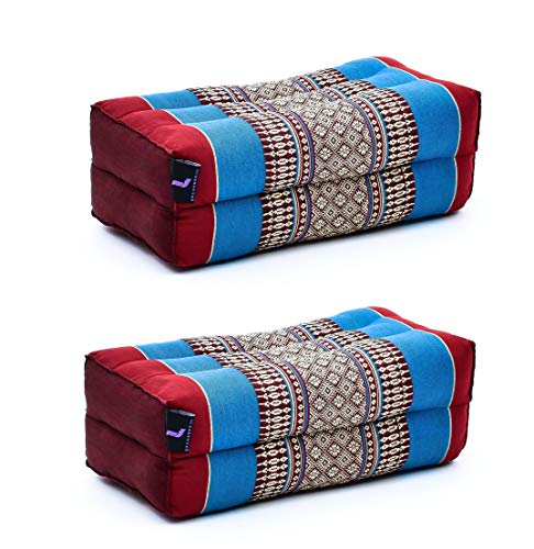 Leewadee Set de 2 Bloques de Yoga pequeños – Cojines para Pilates, Almohadas para el Suelo Hechas a Mano de kapok, 35 x 18 x 12 cm, Set de 2, Azul Rojo