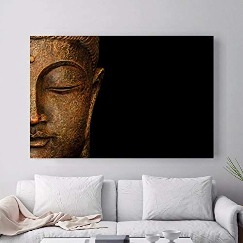 Lona Fondo negro de Buda Cara Retrato medio de Buda Pintura imprime en la lona for la sala de estar la pared del arte de la decoración n enmarcado de la lona (Size (Inch) : 50x75cm)