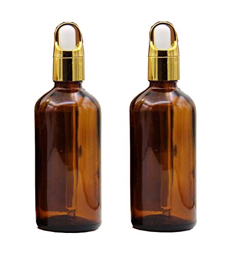 Lote de 2 frascos vacíos de 100 ml de vidrio marrón recargables con pipetas y tapa de oro, distribución de perfume en botes de frasco que contienen un recipiente para aromaterapia cosmética