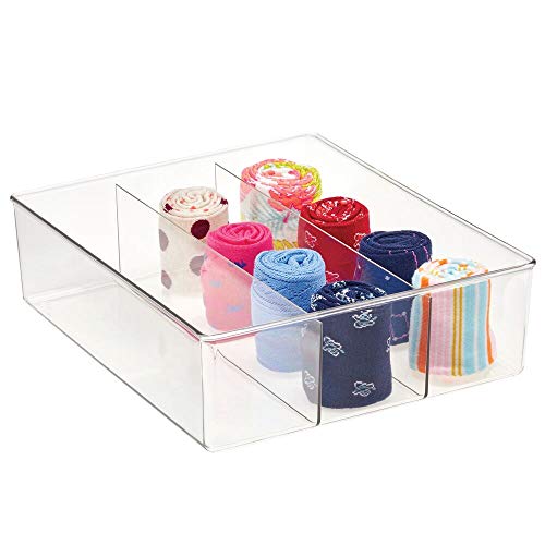 mDesign Caja organizadora con 3 compartimentos – Práctico organizador de plástico sin BPA para los armarios del dormitorio – Fantástica caja para ropa y accesorios – transparente