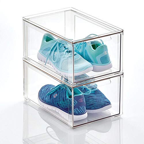 mDesign Cajas de plástico transparente – Organizador de armarios apilable y rígido con cajón extraíble – Caja para guardar zapatos, accesorios y otros objetos – Juego de 2 – transparente