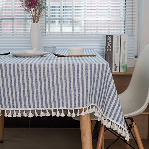 meioro Manteles Rectangular Mantel Antimanchas Mantel para Mesa de Lino Striped Tassel Tablecloth La decoración del hogar es Adecuada para Interiores y Exteriores (Rayas Azules / Blancas, 120×160cm)