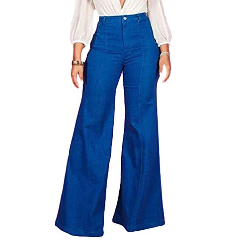 Mengmiao Mujer Mezclilla Pantalones Acampanados Media Cintura Elasticos Retro Jeans Pantalones Anchos (Azul, Asia XL)