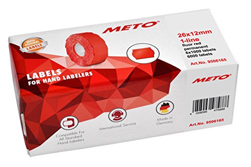 Meto Etiquetas para etiquetadoras manuales 9506165 (26 x 12 mm, 1 línea, 6000 unidades, adherencia permanente, para Meto, Contact, Sato, Avery, Tovel, Samark, etc.) 6 rollos, rojo fluorescente