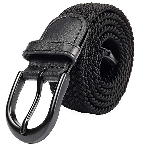 Mile High Life Cinturón elástico trenzado elástico con pasador ovalado Hebilla hebilla completa de cuero negro con hombre/mujer / extremo júnior (negro, XX-grande 111cm-116cm (131.5cm de longitud))