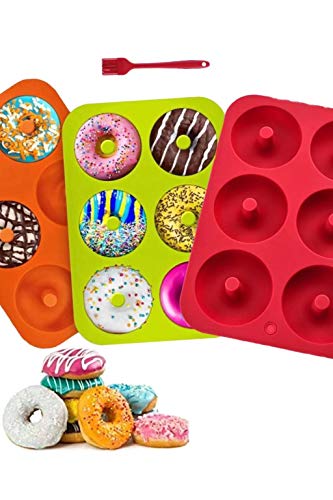 MISHAER Moldes de silicona para hacer donuts, de silicona, bandeja para hornear rosquillas, magdalenas, bagels, galletas, pasteles,paquete de 3 unidades (Naranja verde rojo)