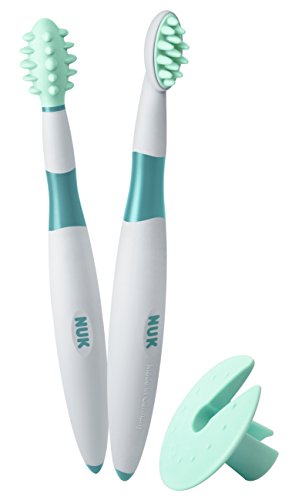 NUK 10256205 - Conjunto de aprendizaje dental cuidado, de 2 piezas, limpieza y cepillado entrenador entrenador, incl. anillo de protección, preparación óptima de cepillado de los dientes, libre de BPA, 1 par