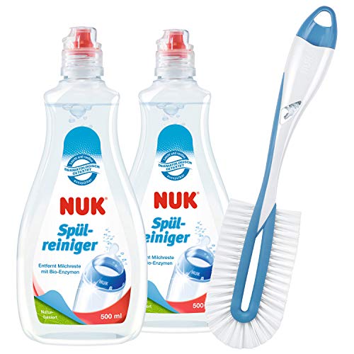 NUK 2 botellas de detergente, 1 cepillo Twist para biberón y tetina 500 ml, adecuado para limpiar los biberones, las tetinas y los accesorios